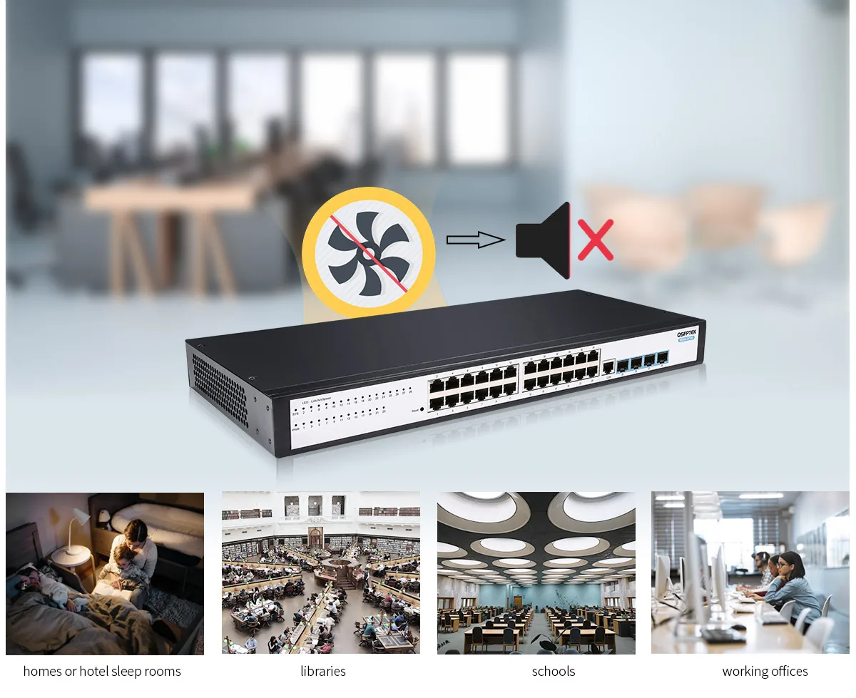 24-Port Fanless Gigabit Ethernet L2+ Switch with 1G SFP Uplinks, S5300-24T4S  - QSFPTEK