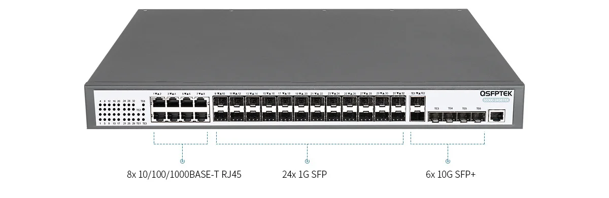 24-Port Fanless Gigabit Ethernet L2+ Stackable Switch with 10G Uplinks,  S5300-24T4X - QSFPTEK