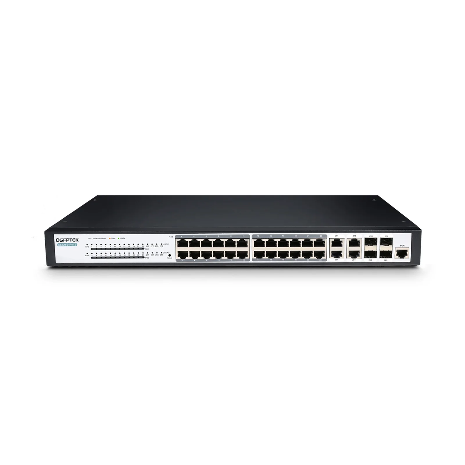 24-Port Gigabit Ethernet L3 Stackable Fiber Switch with 8x 1G RJ45 Ports  and 10G Uplinks, S5300-24S8T6X - QSFPTEK