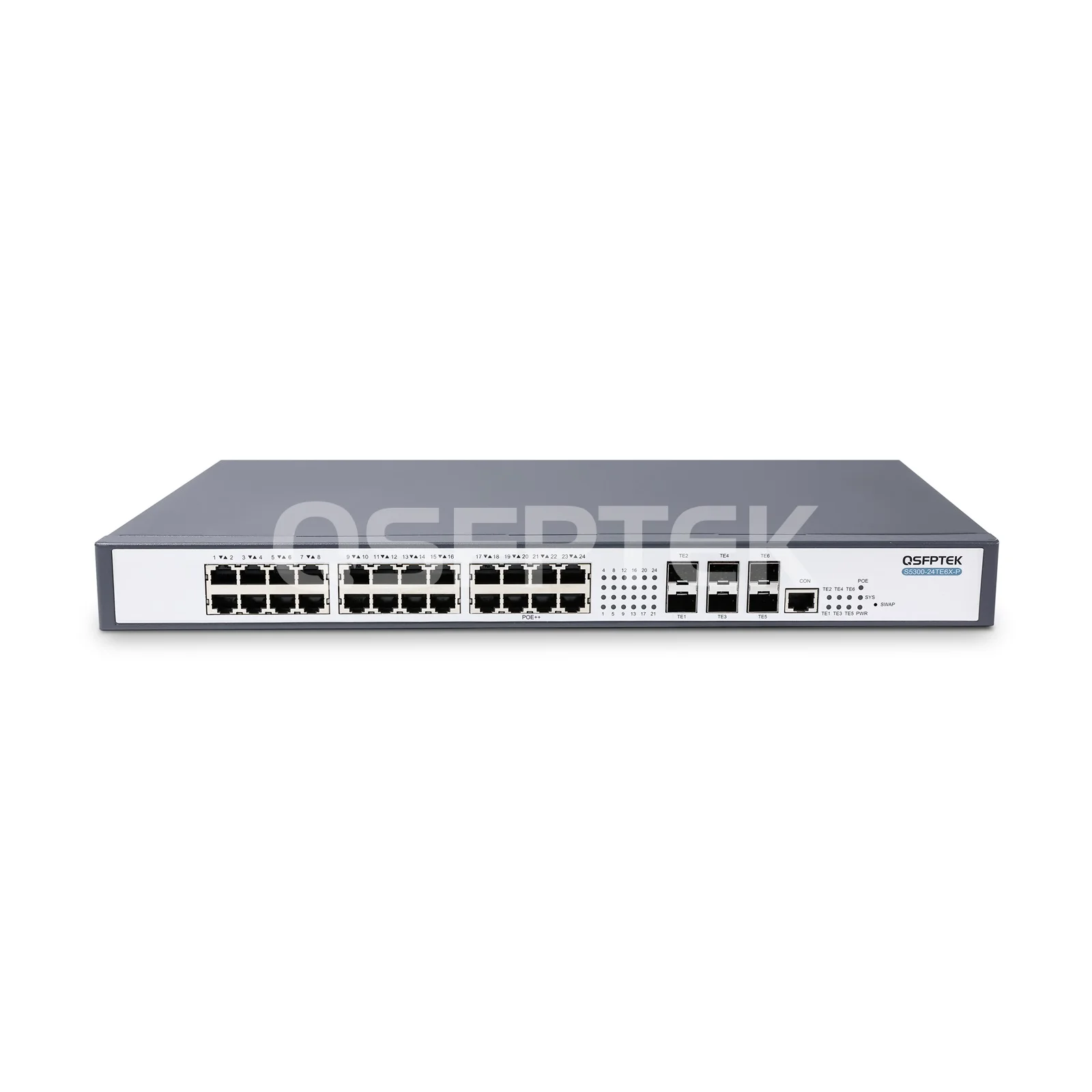 24-Port Gigabit Ethernet L3 Stackable Fiber Switch with 8x 1G RJ45 Ports  and 10G Uplinks, S5300-24S8T6X - QSFPTEK