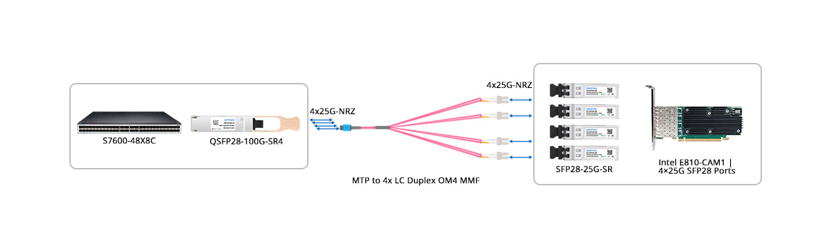 QT-QSFP28-SR4 Scenario 4 100G to 4x 25G Breakout Connectivity with NIC