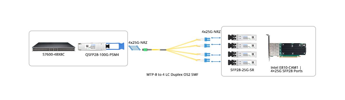 QT-QSFP28-PSM4 Scenario 4 100G to 4x 25G Breakout Connectivity with NIC