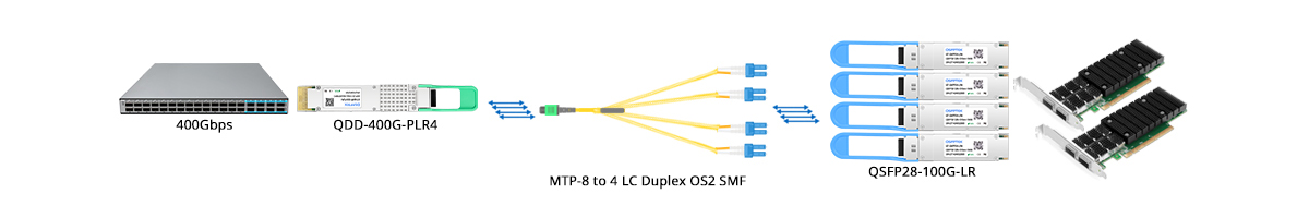 QT-QSFP-DD-PLR4 Scenario 2 400G to 4x 100GE Breakout Connectivity