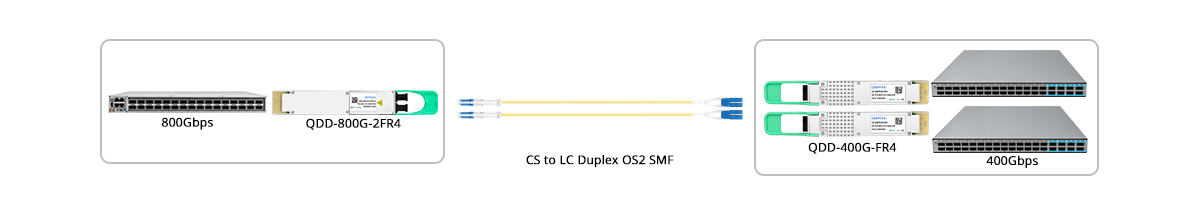 QT-QSFP-DD-FR4 Scenario 3 800G 2FR4 QSFP-DD to 2x 400G-FR4 QSFP-DD Breakout Connectivity