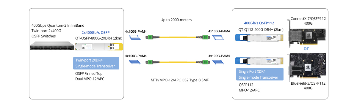 Twin-port 800G (2x400G) OSFP IB/EN Switch to 2x400G ConnectX-7 and/or BlueField-3