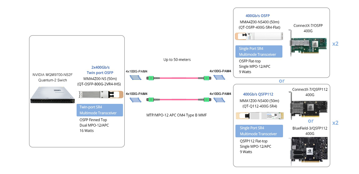 Scenario 2: MQM9700-NS2F OSFP IB Switch to 2x400G ConnectX-7 and/or BlueField-3